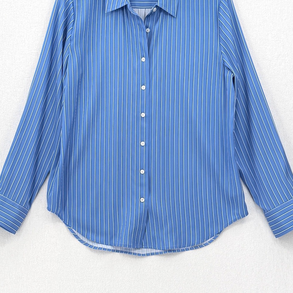 QUINCE Washable Stretch Silk Blouse Women Medium Blue Striped Lapis Horizon - Picture 9 of 16